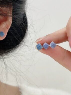Women Denim Blue Cushion Cut Stone Stud Earrings Silver Tone Everyday Earrings